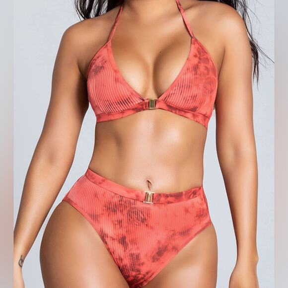 Yandy Two Piece Coral Tie Dye Bikini Set High Waist NEW - Picture 1 of 16